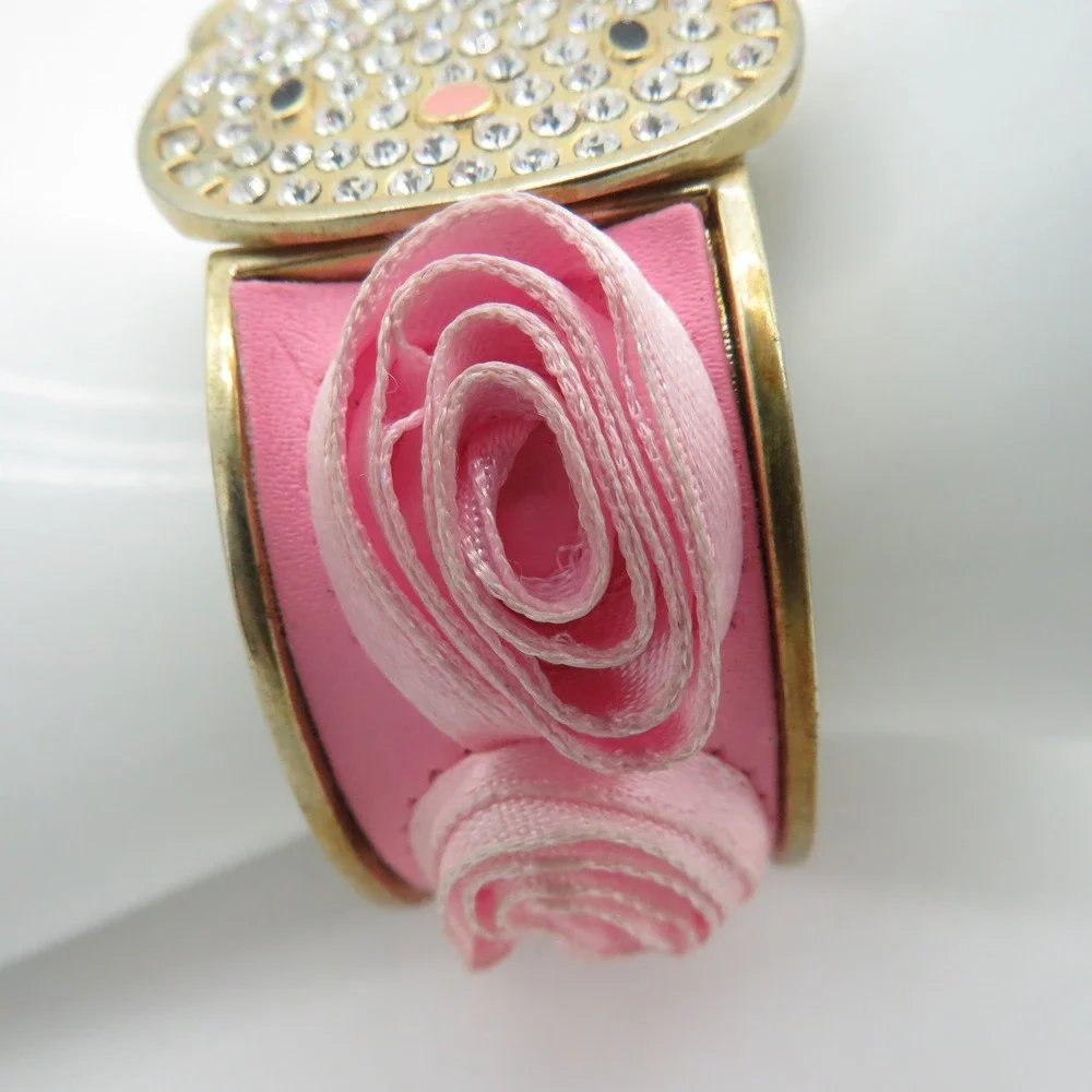 Sanrio Hello Kitty Rhinestone Flip Top Bangle Watch Pink Rosette Gold Tone Y2K
